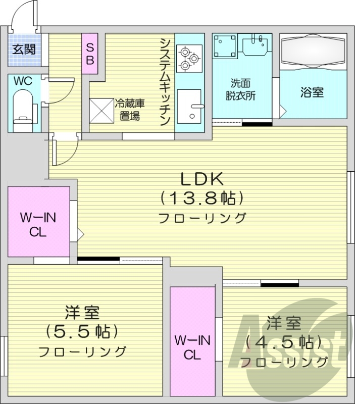 2LDK、エアコン、浴室乾燥機、システムキッチン