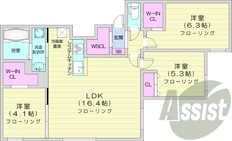 3LDK、エアコン、浴室乾燥機、システムキッチン