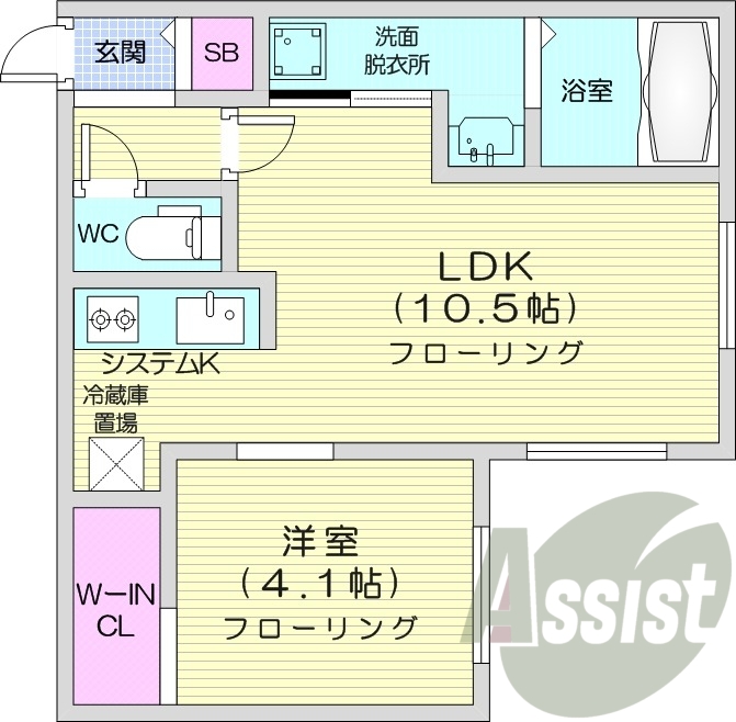 1LDK、エアコン、浴室乾燥機、システムキッチン