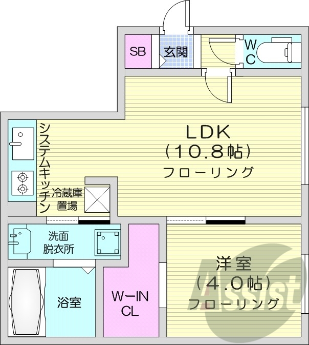 1LDK、エアコン、浴室乾燥機、システムキッチン