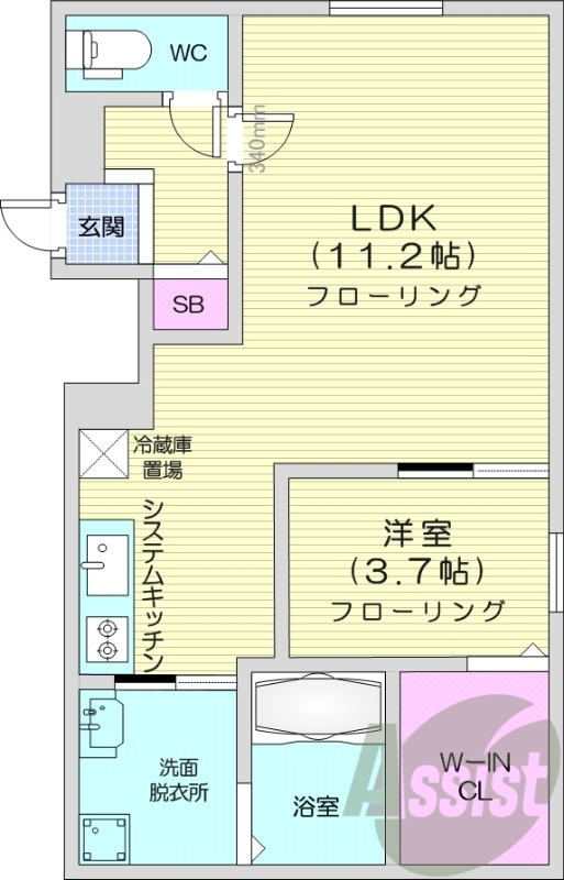 1LDK、エアコン、ウォークインクローゼット、システムK