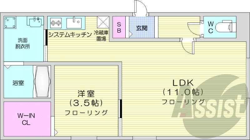 1LDK、エアコン、ウォークインクローゼット、システムK