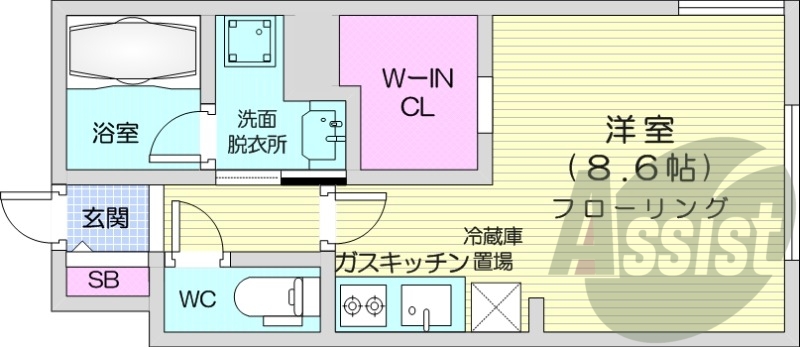 1K、都市ガス、エアコン、ガス暖房、ネット無料