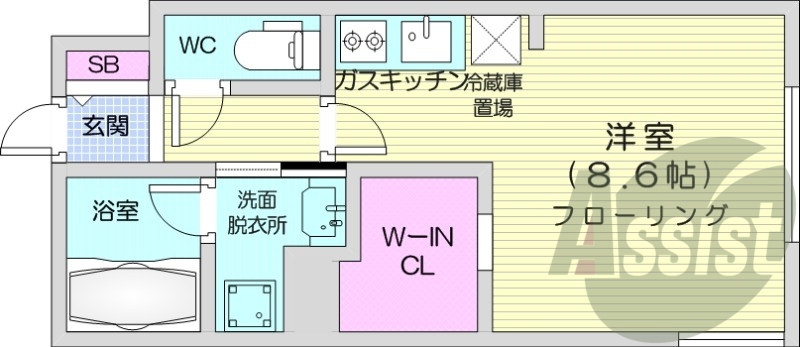 1K、都市ガス、エアコン、ガス暖房、ネット無料