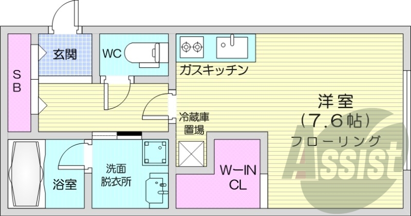 1K、都市ガス、エアコン、ガス暖房、ネット無料