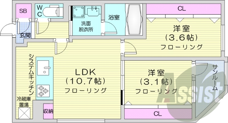 2LDK、都市ガス、エアコン、システムキッチン