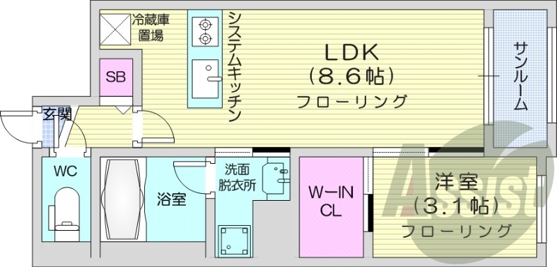 1LDK、都市ガス、エアコン、システムキッチン