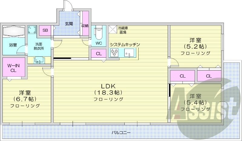 3LDK、エアコン、都市ガス、システムキッチン
