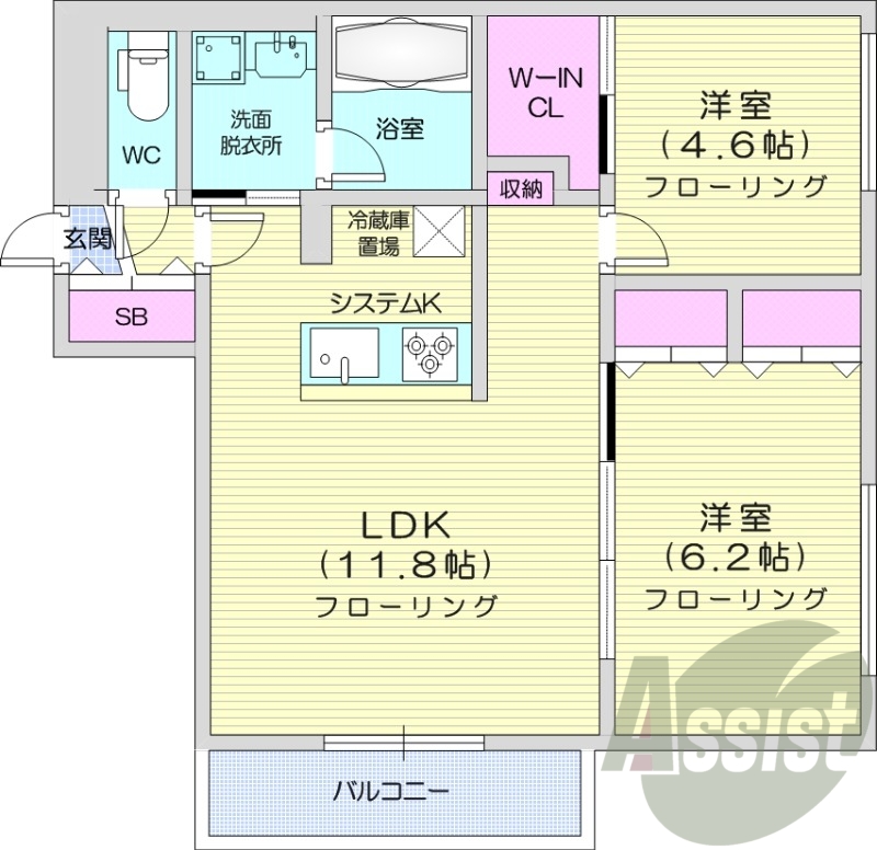 2LDK、都市ガス、エアコン、システムキッチン