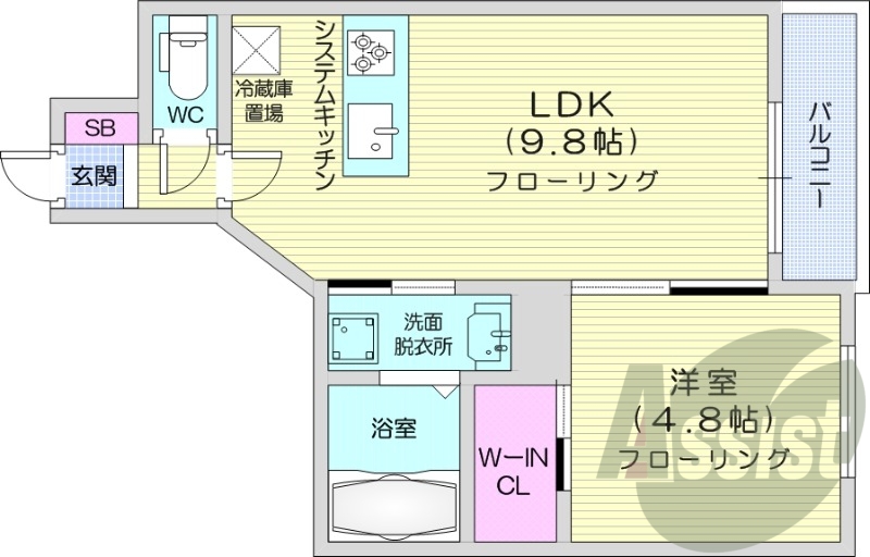 1LDK、都市ガス、エアコン、システムキッチン