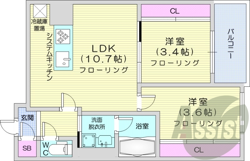 2LDK、都市ガス、エアコン、システムキッチン