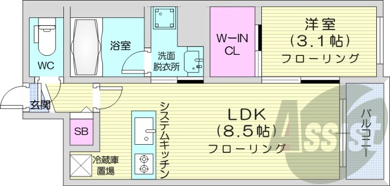 1LDK、都市ガス、エアコン、システムキッチン