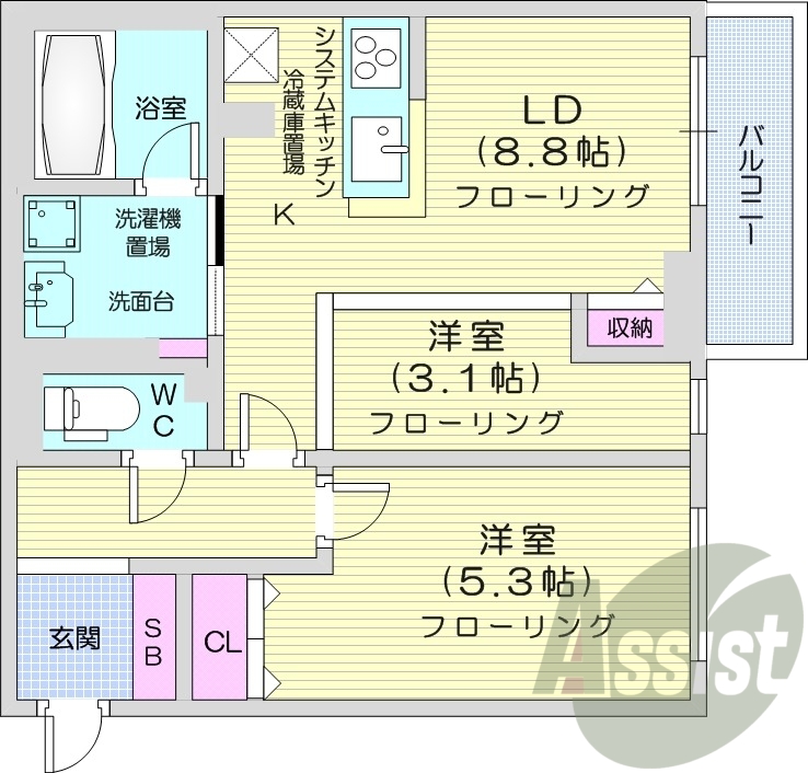 2LDK、都市ガス、エアコン、対面システムキッチン