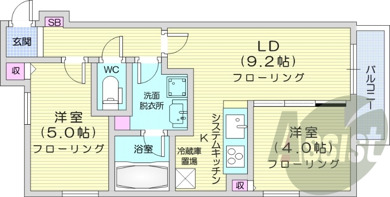 2LDK、エアコン、食器洗浄乾燥機、システムキッチン