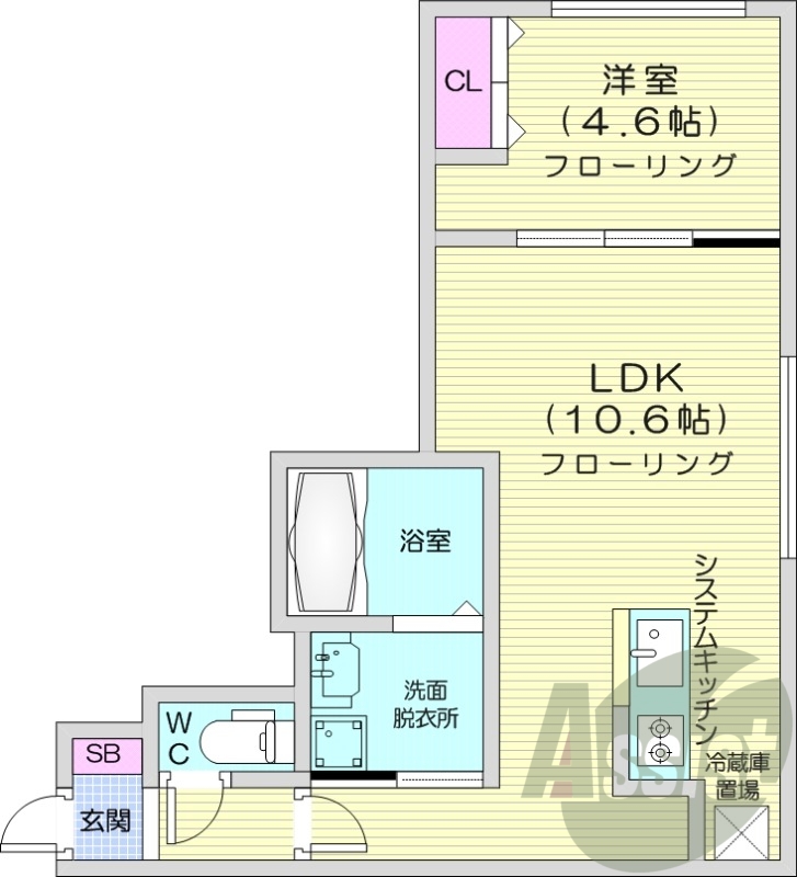 1LDK、都市ガス、エアコン、システムキッチン、浴室乾燥機