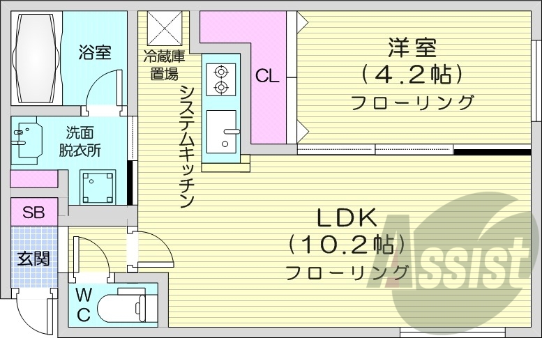 1LDK、都市ガス、エアコン、システムキッチン