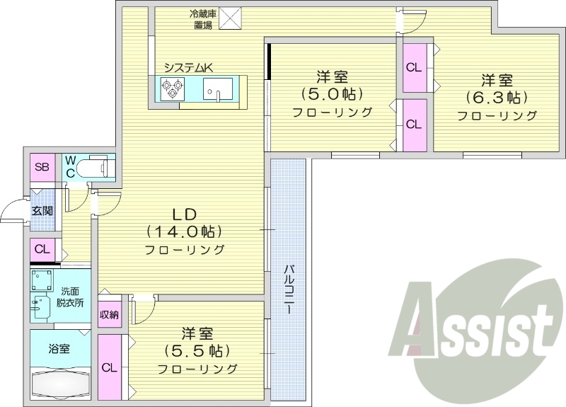 3LDK、都市ガス、エアコン、浴室乾燥機、ネット無料