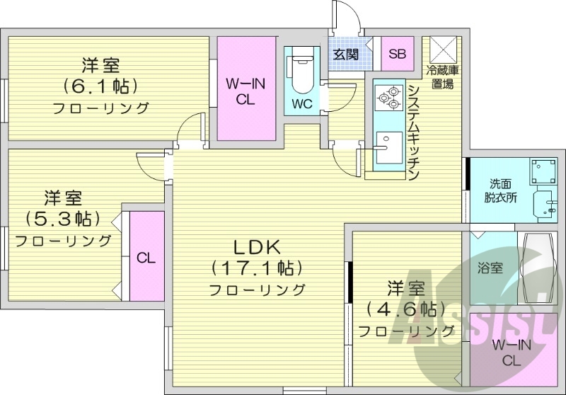 3LDK、エアコン、追い焚き、システムキッチン