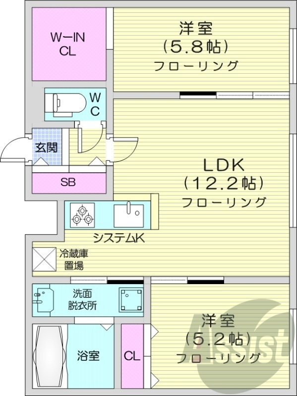 2LDK、エアコン、追い焚き、システムキッチン