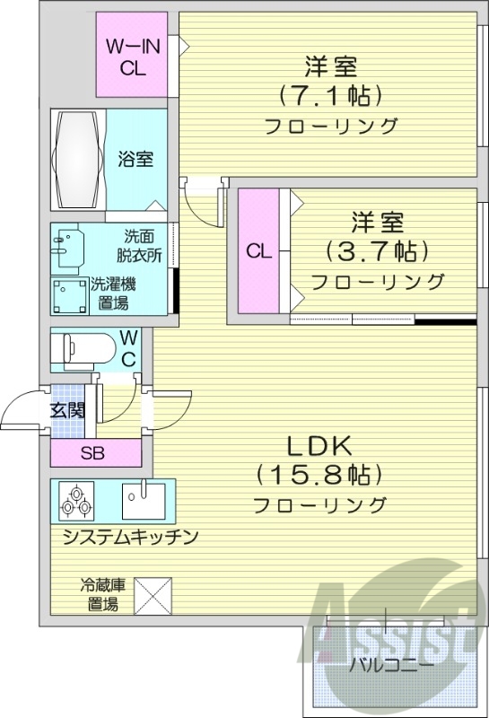 2LDK、都市ガス、エアコン、追い焚き、一坪バス