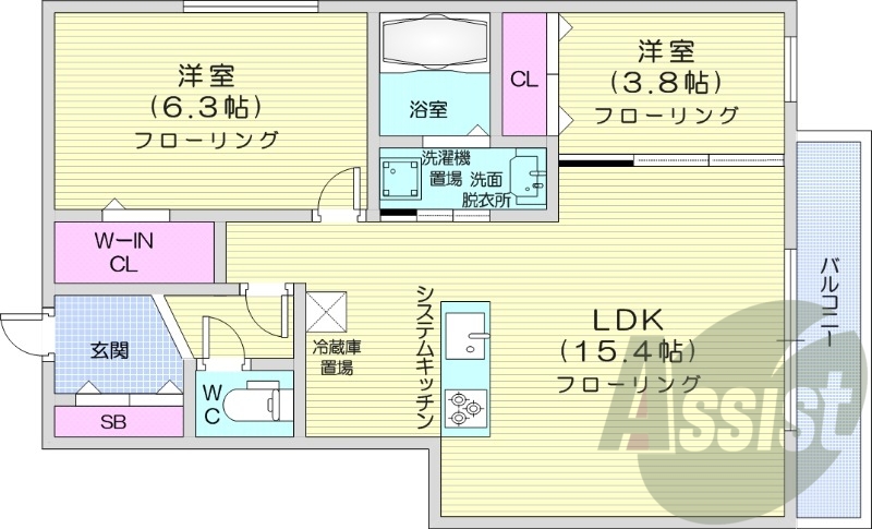 2LDK、都市ガス、エアコン、追い焚き、一坪バス