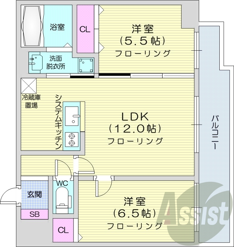 2LDK、オートロック、ネット無料、システムキッチン