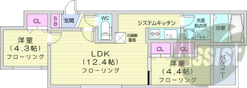 2LDK、システムキッチン、浴室乾燥機、エアコン、灯油暖房