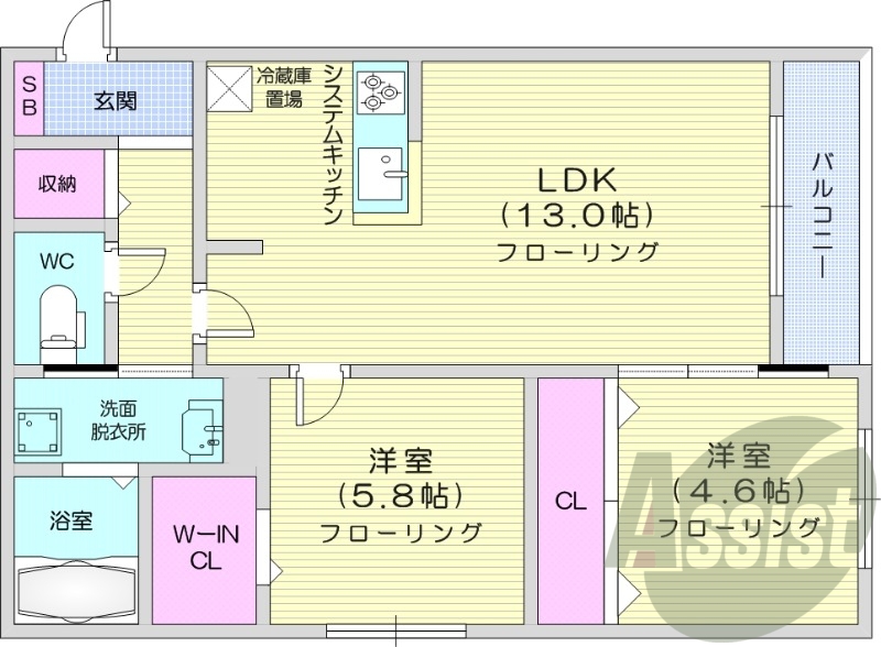 2LDK、システムキッチン、追い炊き、エアコン