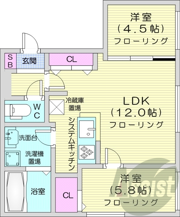 2LDK、エアコン、灯油暖房、システムキッチン、オートロック