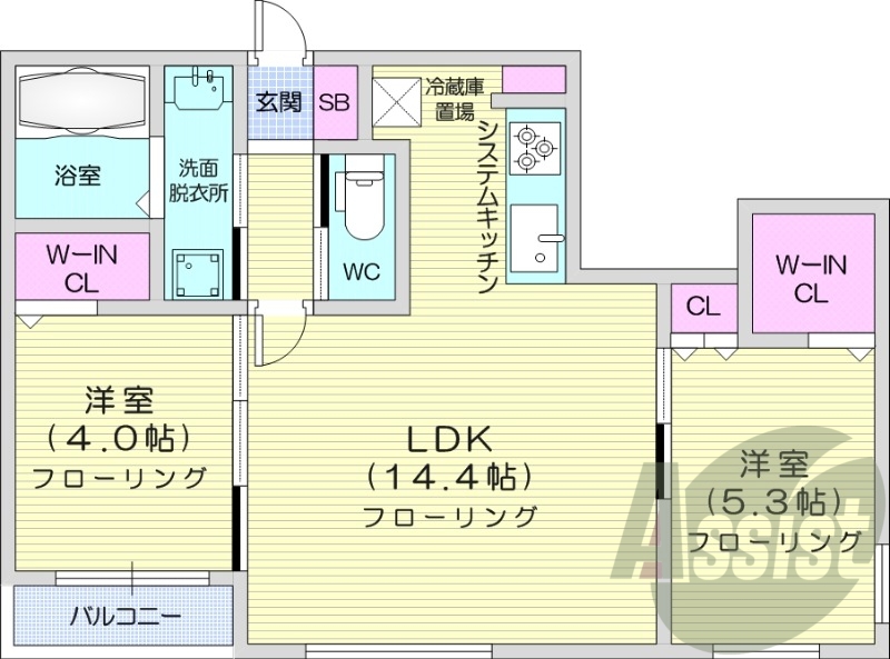 2LDK、都市ガス、エアコン、浴室乾燥機、追い焚き