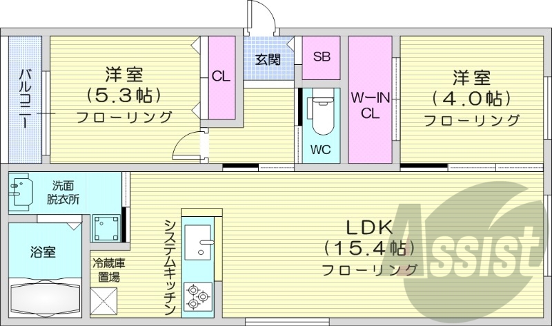 2LDK、都市ガス、エアコン、浴室乾燥機、追い焚き