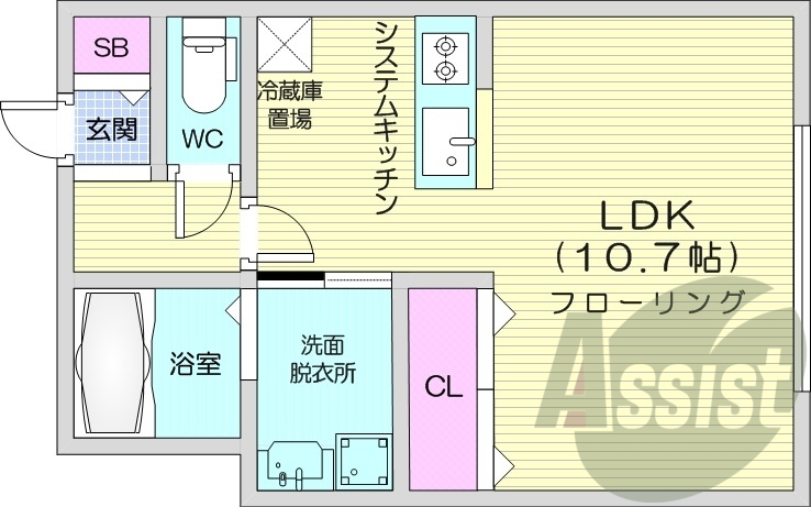 1K、エアコン、システムキッチン、独立洗面台