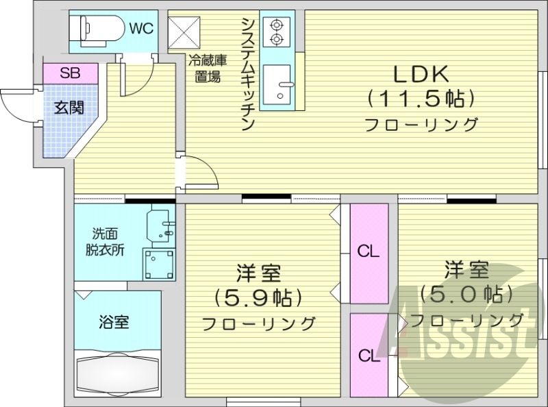 2LDK、都市ガス、エアコン、浴室乾燥機、システムキッチン