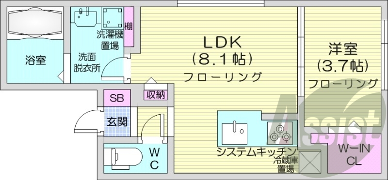 1LDK、都市ガス、エアコン、システムキッチン、ネット無料
