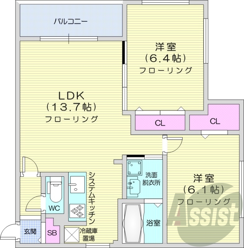 2LDK、エアコン、ガス暖房、ネット無料