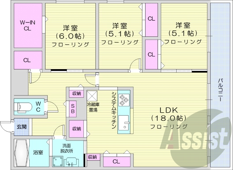 3LDK、エアコン、システムキッチン、ネット無料