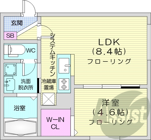 1LDK、都市ガス、エアコン、浴室乾燥機、システムキッチン
