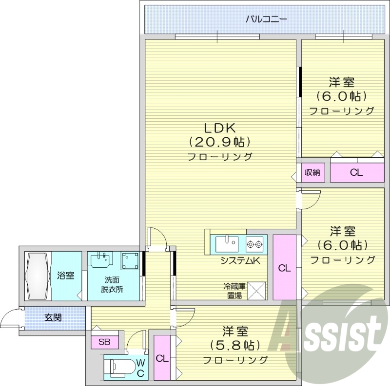 3LDK、エアコン、システムキッチン、追い焚き、1坪バス