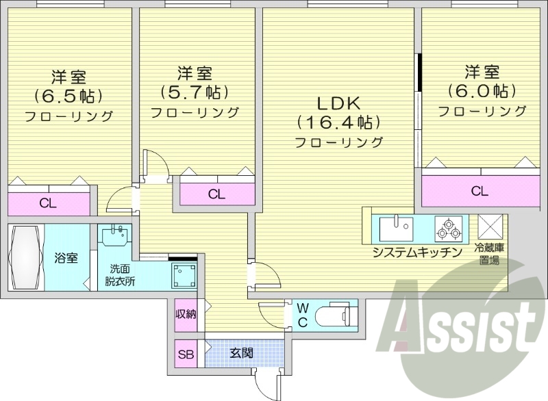 3LDK、エアコン、システムキッチン、追い焚き、1坪バス
