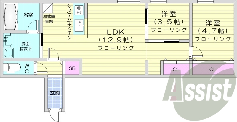 2LDK、都市ガス、エアコン、システムキッチン