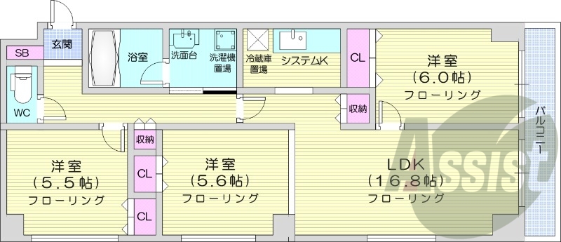 3LDK、オートロック、モニターホン、システムキッチン