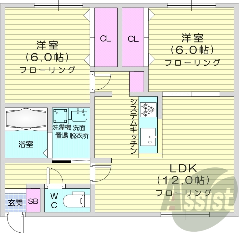 2LDK、ユニットバス、シャワートイレ、トランクルーム