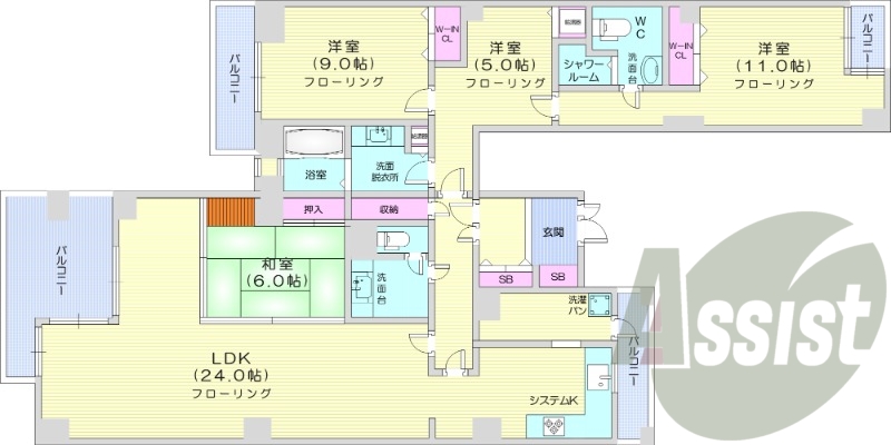 4LDK、ワンフロア、都市ガス、システムキッチン
