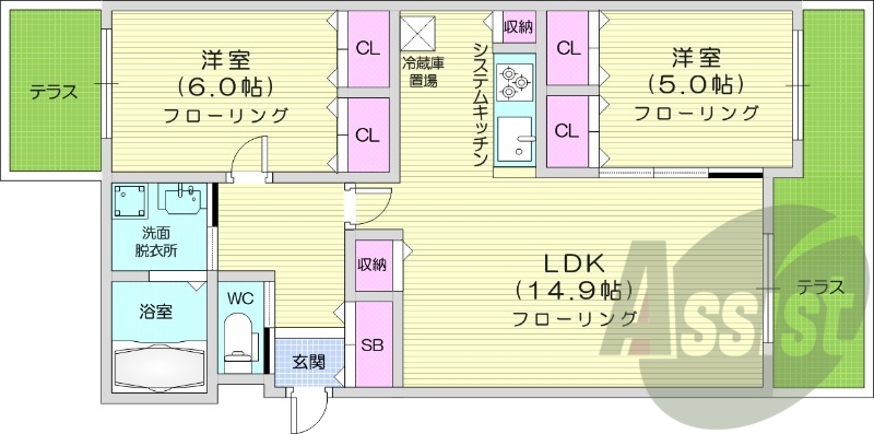 2LDK、都市ガス、エアコン、浴室乾燥機、追い焚き