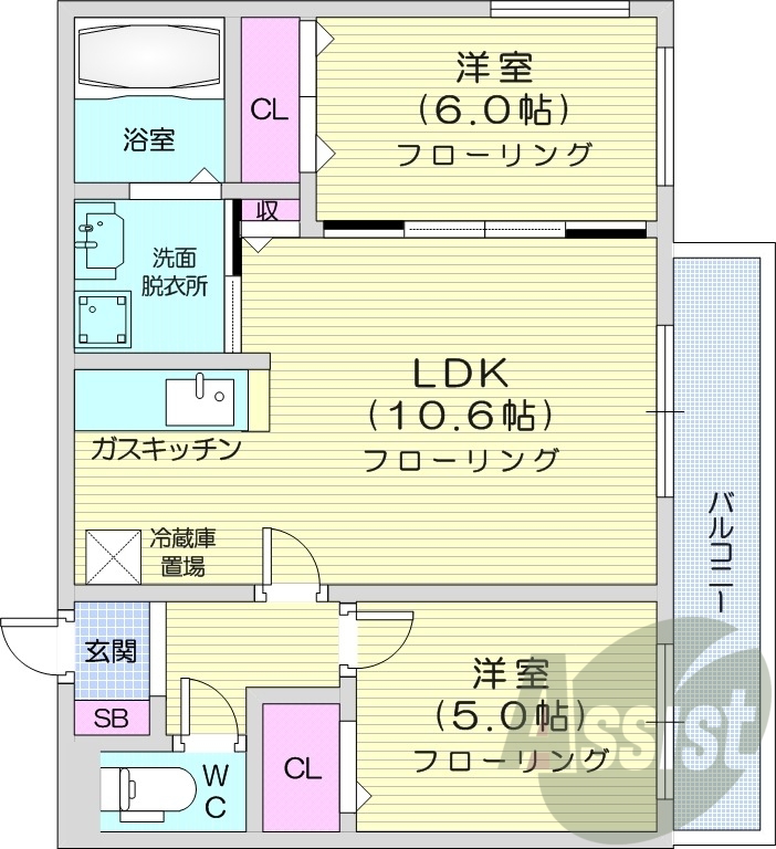 2LDK、エアコン、灯油暖房、バルコニー、宅配ボックス