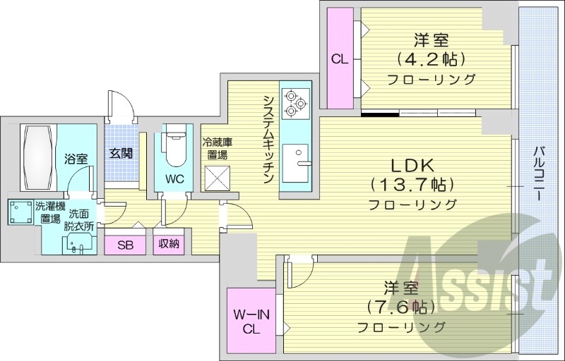 2LDK、オートロック、都市ガス、システムキッチン