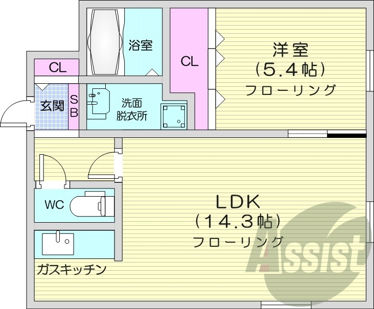 1LDK、オートロック、バストイレ別、独立洗面台