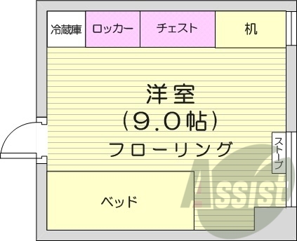 ワンルーム、ベッド、チェスト、ロッカー、冷蔵庫、暖房