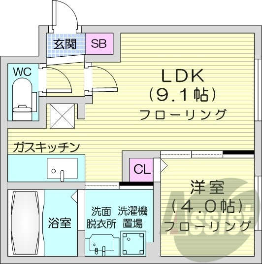 1LDK、オートロック、角部屋、都市ガス、エアコン