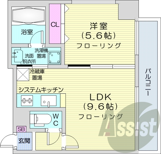 1LDK、エアコン、システムキッチン、シューズボックス